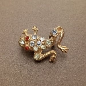 2/$20 Climbing Frog Brooch Lapel Pin Gold Tone Vintage 1" Metal Rhinestone red